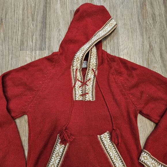 Onofre Saez Alpaca Sweater Womens S Red Hooded Fringe Western Boho Cottage - Picture 2 of 8